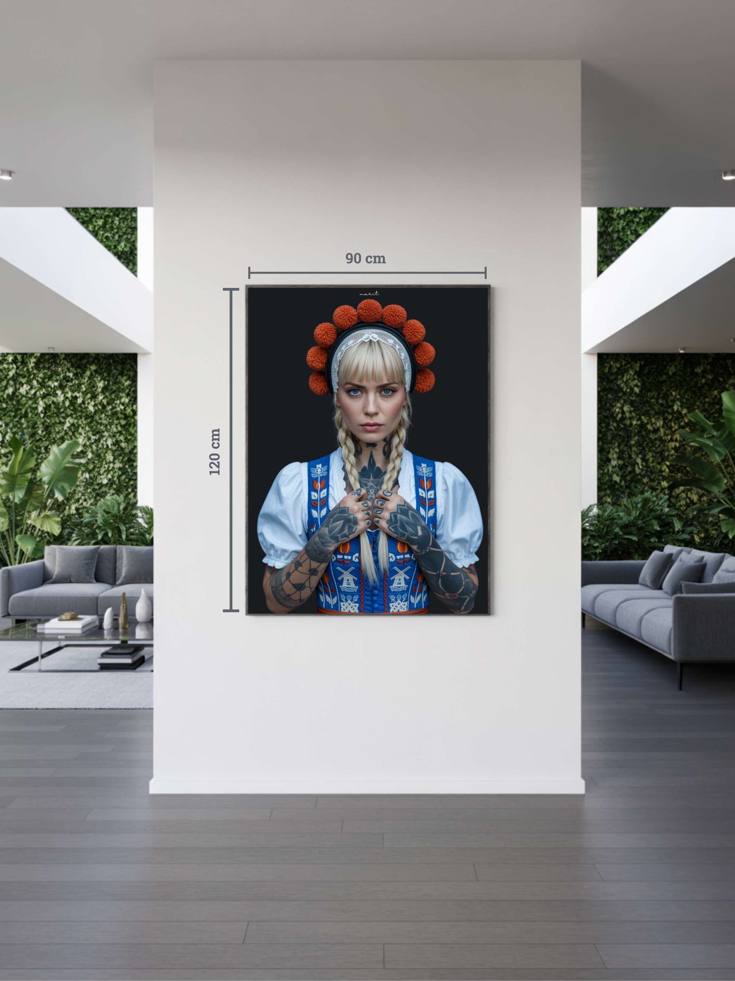 Modernes Interieur mit Kunstwerk „Marit“. Niederländisch inspirierte Schwarzwald Kunst mit Bollenhut-Motiv, Black Forest Art im minimalistischen Stil.