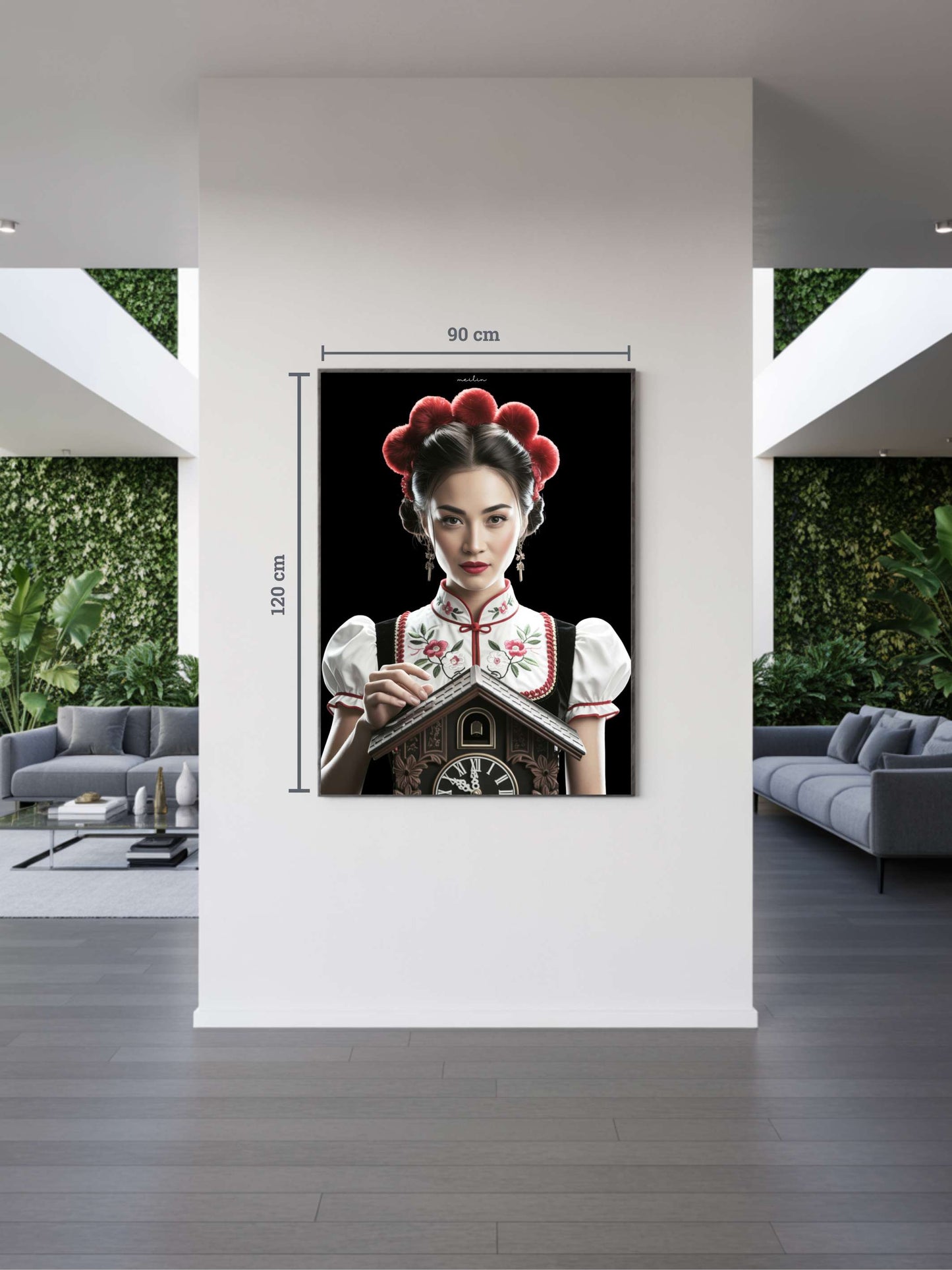 Modernes Interieur mit Kunstwerk „Meilin“. Chinesisch inspirierte Schwarzwald Kunst mit Bollenhut, Black Forest Art mit kalligrafischen Details und ruhiger Ästhetik.