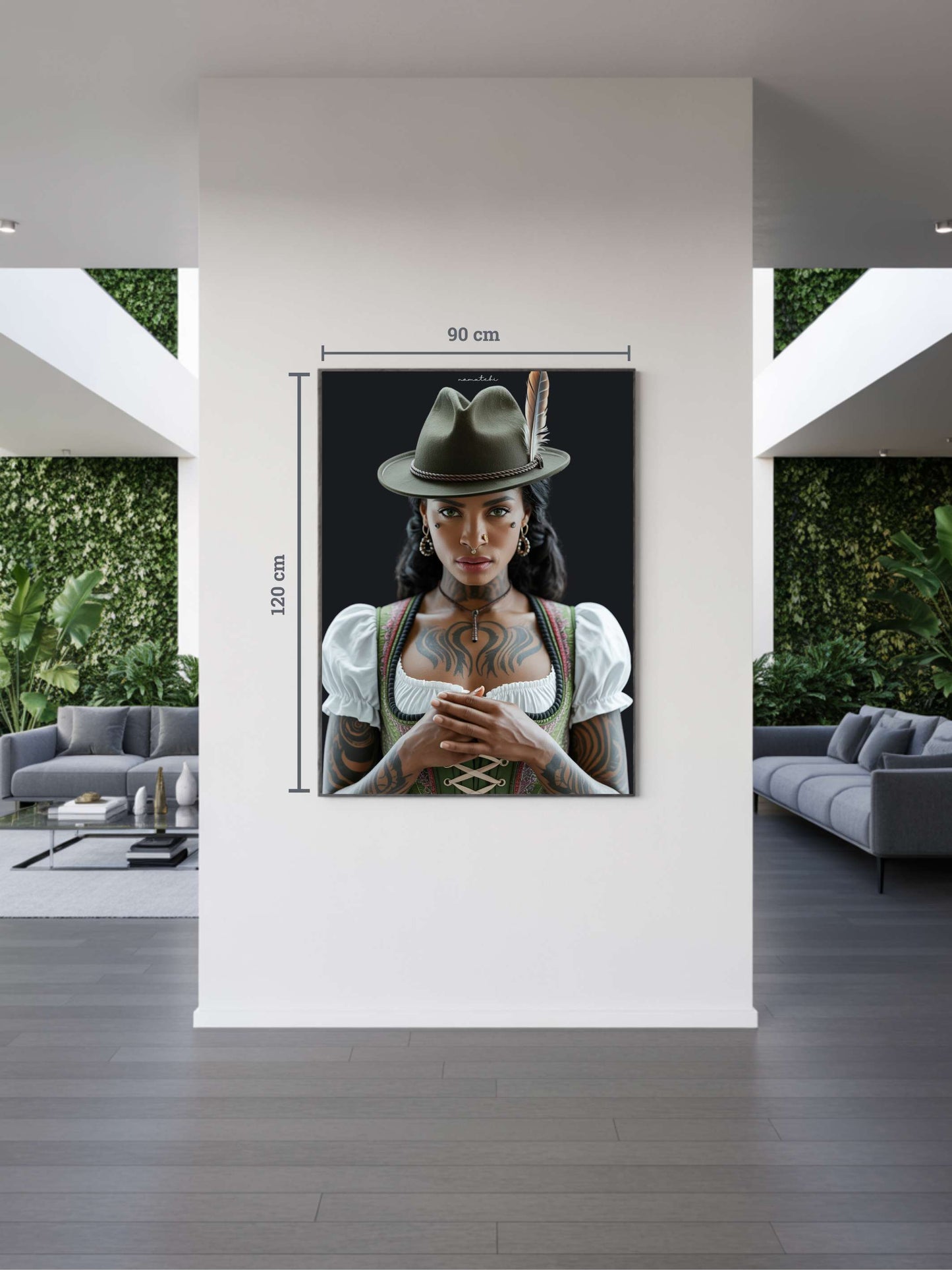 Modernes Interieur mit Kunstwerk „Namutebi“. Afrikanisch inspirierte Schwarzwald Kunst mit Jagthut, Black Forest Woman in moderner Darstellung.