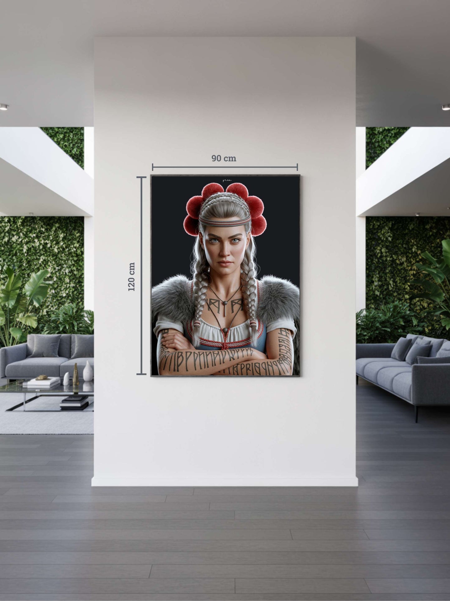 Modernes Interieur mit Kunstwerk „Yrsa“ (90x120 cm). Schwarzwald Kunst inspiriert von nordischer Mythologie, kombiniert mit Bollenhut und Black Forest Art Stil.