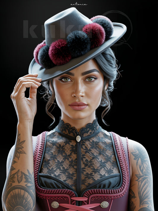 Porträt einer Frau namens Antonia, inspiriert von italienischer Kultur und römischer Tradition.
Sie trägt einen italienischen Hut mit roten und schwarzen Bollen und feinen Details sowie eine streng geschnittene Tracht.
Ein Kunstwerk über Würde, Haltung und kulturelle Tiefe.
