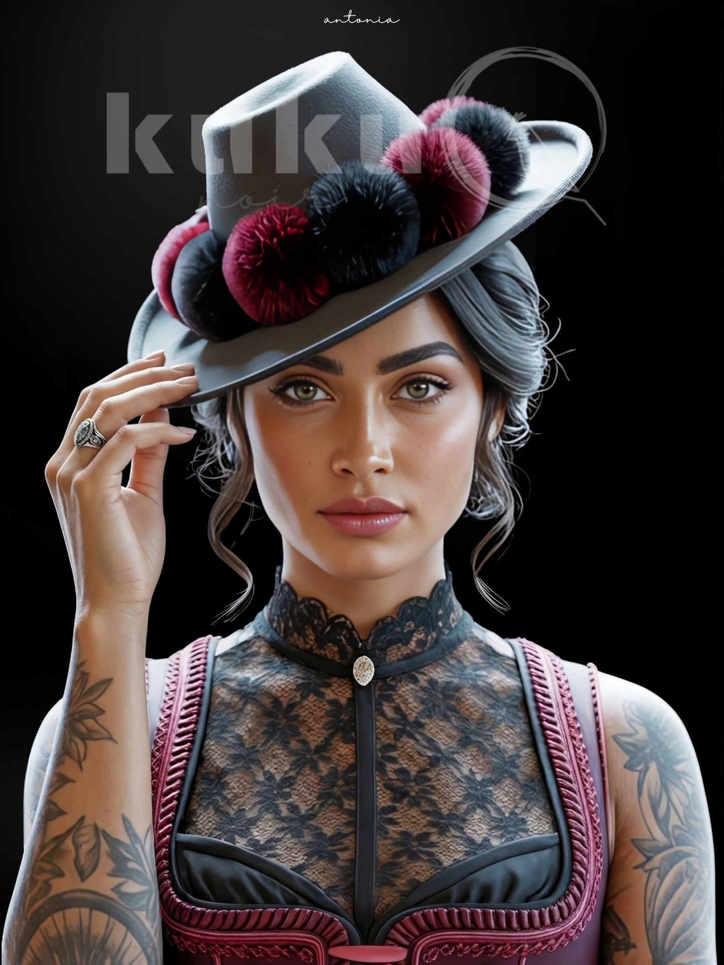 Porträt einer Frau namens Antonia, inspiriert von italienischer Kultur und römischer Tradition.
Sie trägt einen italienischen Hut mit roten und schwarzen Bollen und feinen Details sowie eine streng geschnittene Tracht.
Ein Kunstwerk über Würde, Haltung und kulturelle Tiefe.