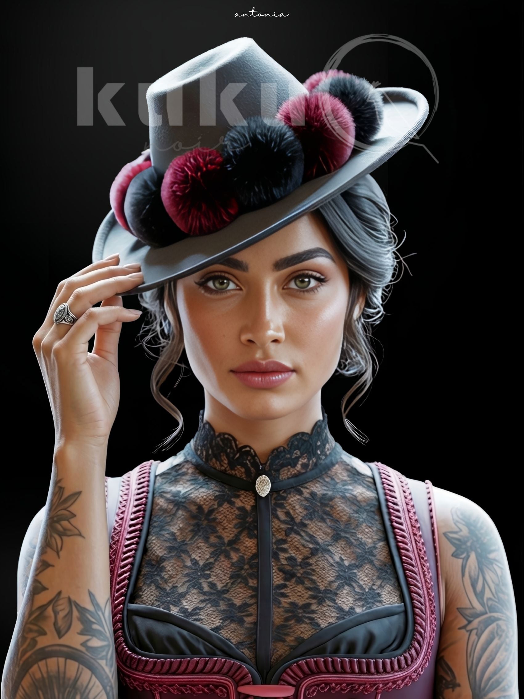 Porträt einer Frau namens Antonia, inspiriert von italienischer Kultur und römischer Tradition.
Sie trägt einen italienischen Hut mit roten und schwarzen Bollen und feinen Details sowie eine streng geschnittene Tracht.
Ein Kunstwerk über Würde, Haltung und kulturelle Tiefe.
