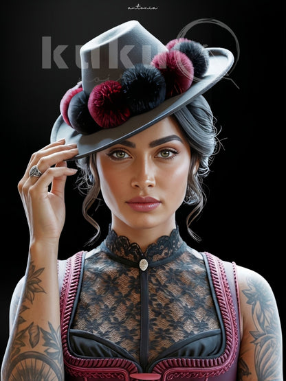 Porträt einer Frau namens Antonia, inspiriert von italienischer Kultur und römischer Tradition.
Sie trägt einen italienischen Hut mit roten und schwarzen Bollen und feinen Details sowie eine streng geschnittene Tracht.
Ein Kunstwerk über Würde, Haltung und kulturelle Tiefe.