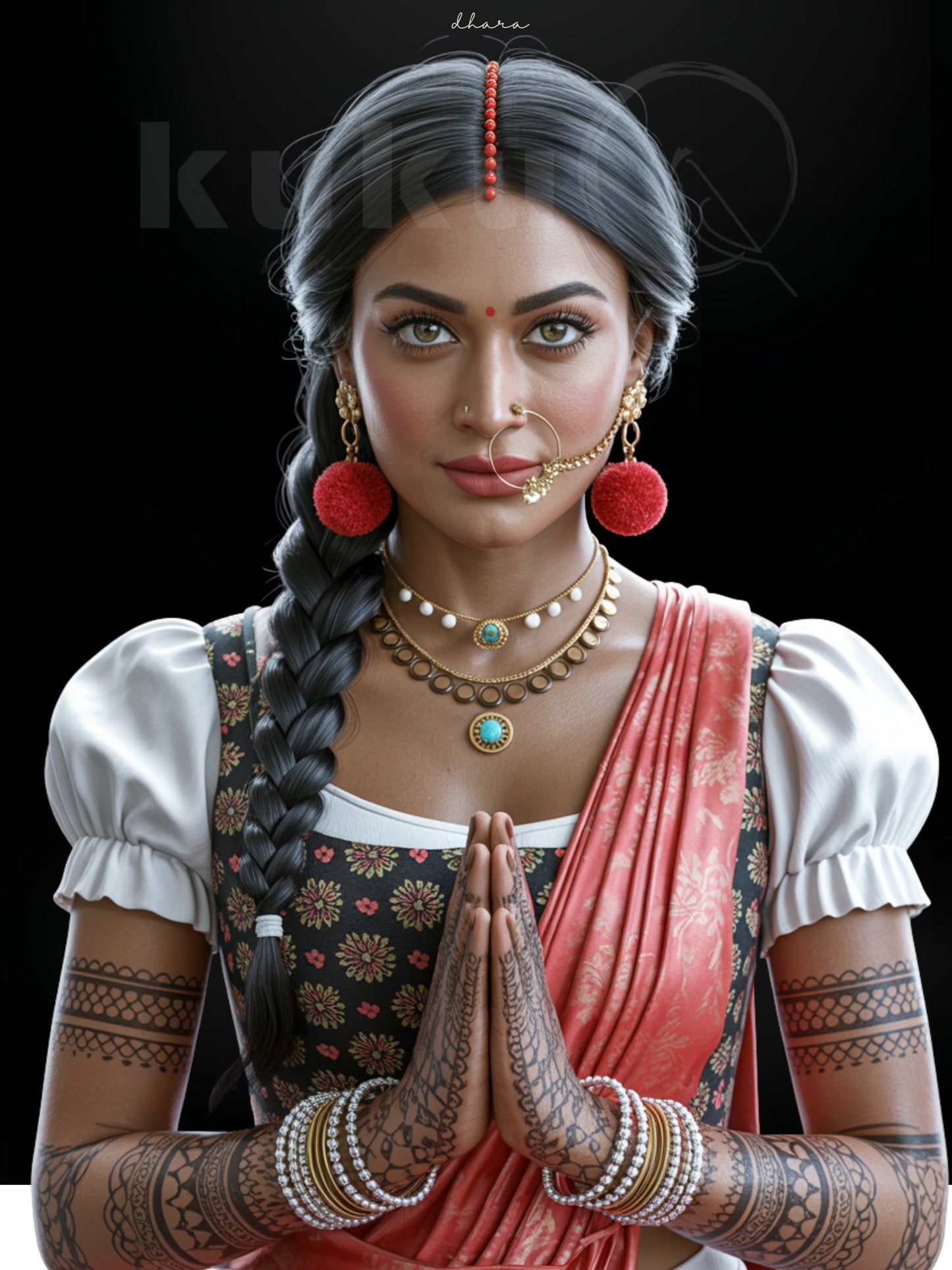 Porträt einer Frau namens Dhara, inspiriert von indischer Kultur und Schwarzwälder Tradition. Sie trägt Schmuck, rote Pompons und ein traditionelles Dirndl mit Sari-Elementen. Ausdrucksstarke Kunst über Anmut, Spiritualität und kulturelle Harmonie.