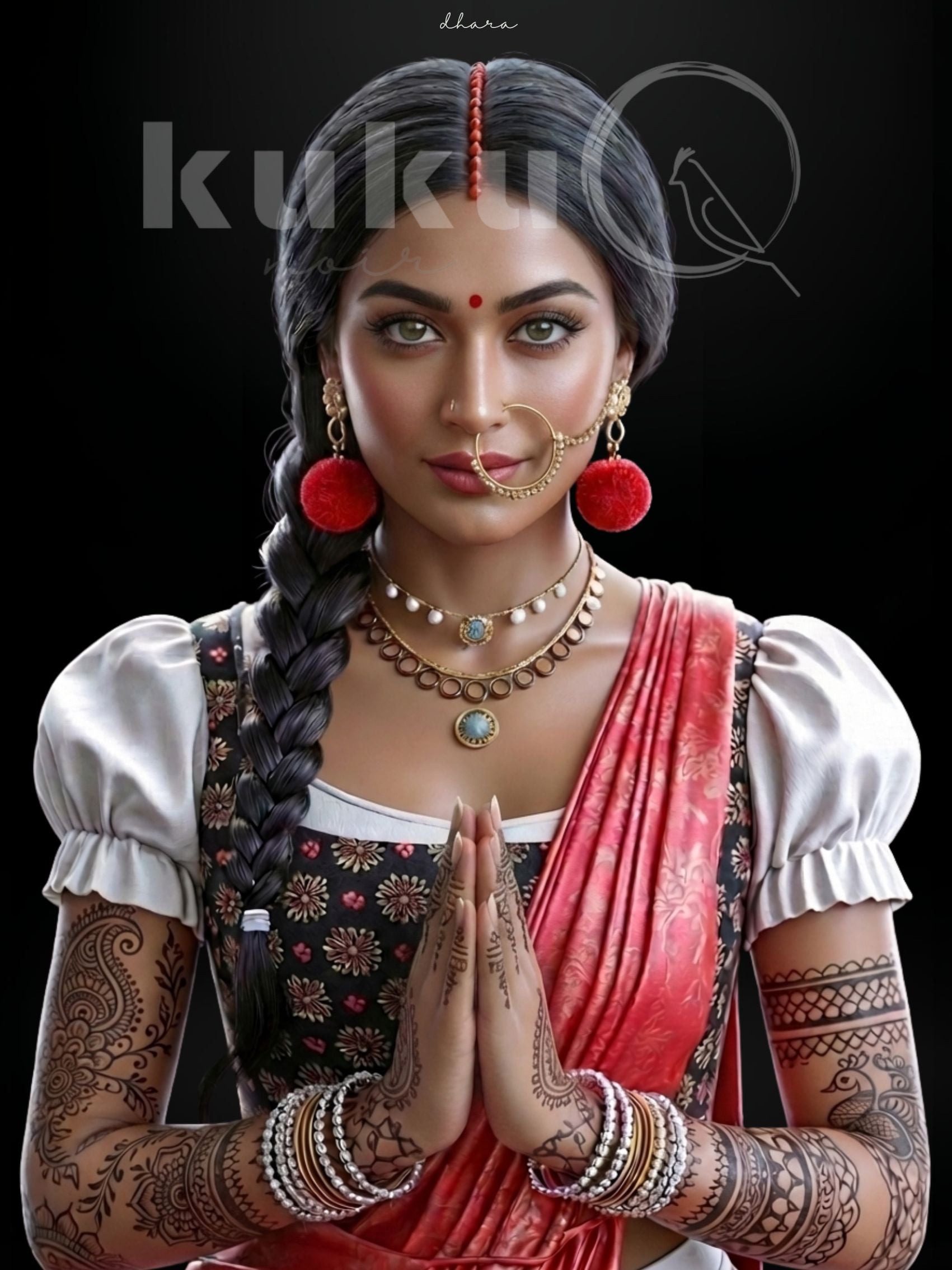 Porträt einer Frau namens Dhara, inspiriert von indischer Kultur und Schwarzwälder Tradition. Sie trägt Schmuck, rote Pompons und ein traditionelles Dirndl mit Sari-Elementen. Ausdrucksstarke Kunst über Anmut, Spiritualität und kulturelle Harmonie.