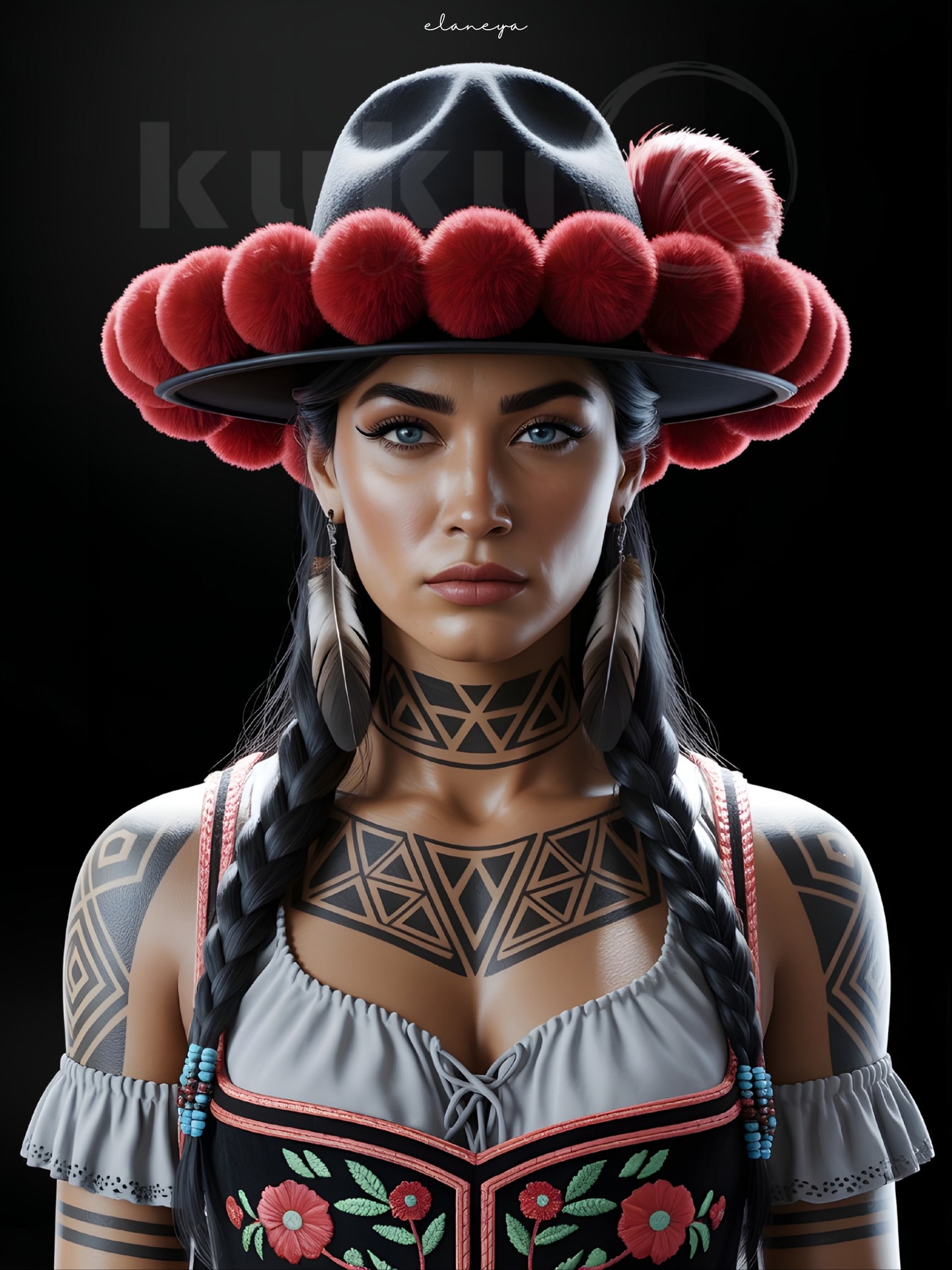 Porträt einer Frau namens Elaneya – inspiriert von nordamerikanischer Kultur und Schwarzwälder Tradition. Ausdrucksstarkes Kunstwerk, das Stärke, Freiheit und Eleganz in moderner Form vereint.