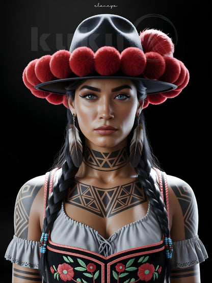 Porträt einer Frau namens Elaneya – inspiriert von nordamerikanischer Kultur und Schwarzwälder Tradition. Ausdrucksstarkes Kunstwerk, das Stärke, Freiheit und Eleganz in moderner Form vereint.