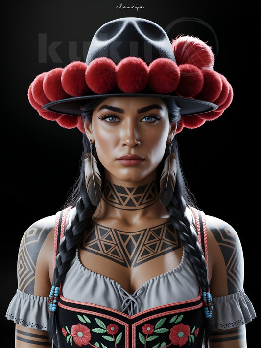 Porträt einer Frau namens Elaneya – inspiriert von nordamerikanischer Kultur und Schwarzwälder Tradition. Ausdrucksstarkes Kunstwerk, das Stärke, Freiheit und Eleganz in moderner Form vereint.