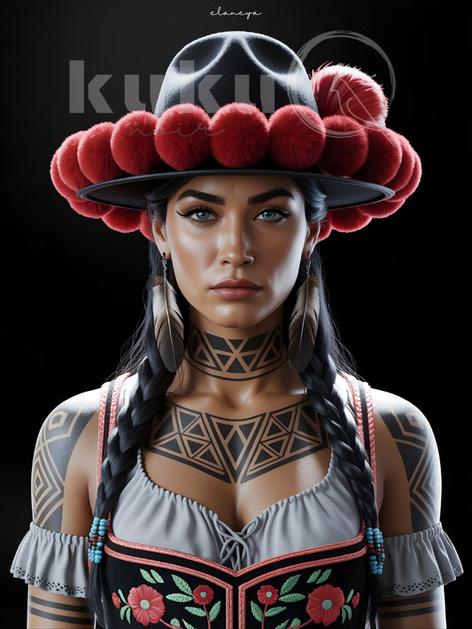 Porträt einer Frau namens Elaneya – inspiriert von nordamerikanischer Kultur und Schwarzwälder Tradition. Ausdrucksstarkes Kunstwerk, das Stärke, Freiheit und Eleganz in moderner Form vereint.