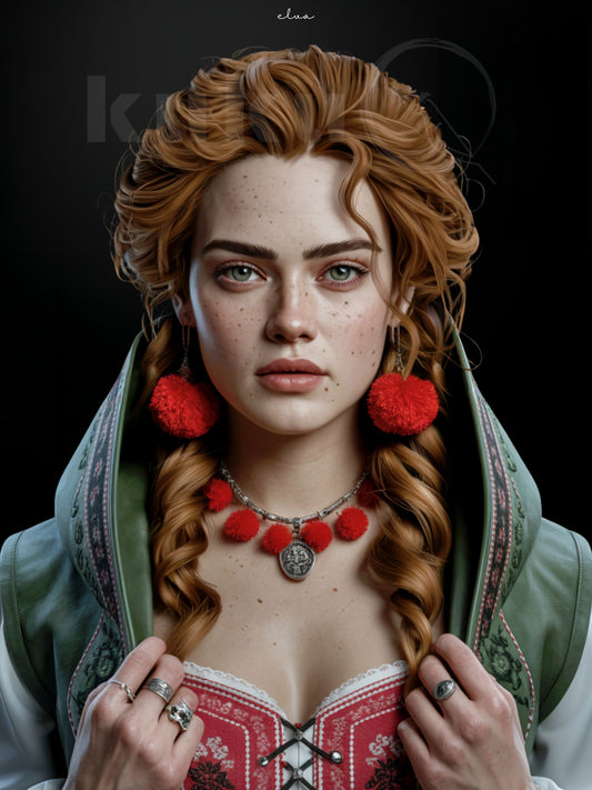 Porträt der Frau Elva, inspiriert von irischer Kultur und keltischer Tradition.
Sie trägt Schwarzwald Tracht mit roten Bollen-Details und klaren Stickereien, kombiniert mit keltischer Symbolik.
Ein Kunstwerk über Haltung, innere Stärke und kulturelle Tiefe.