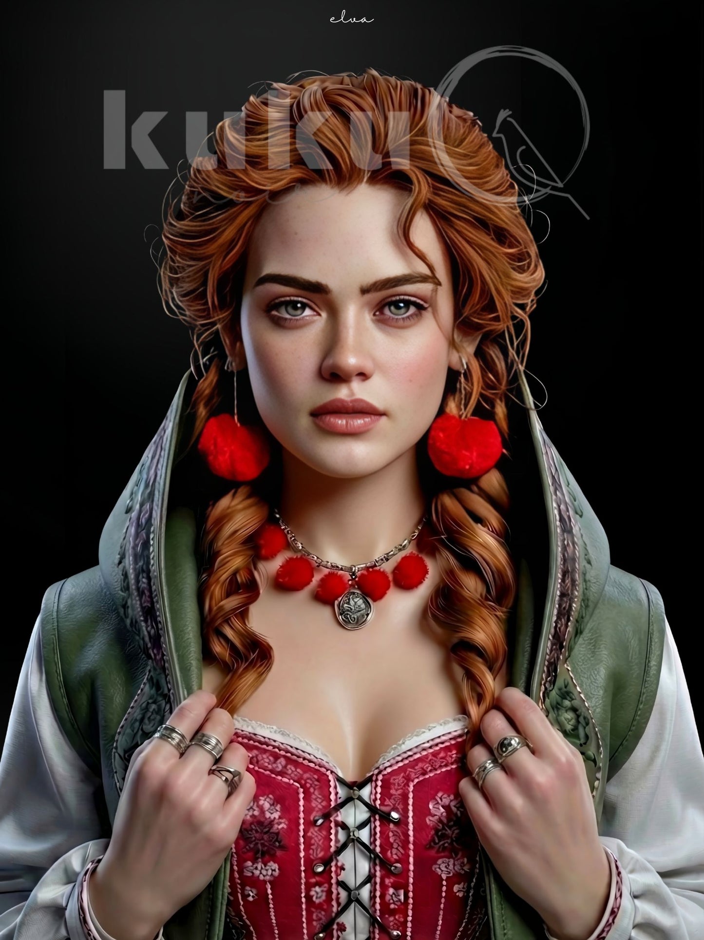 Porträt der Frau Elva, inspiriert von irischer Kultur und keltischer Tradition.
Sie trägt Schwarzwald Tracht mit roten Bollen-Details und klaren Stickereien, kombiniert mit keltischer Symbolik.
Ein Kunstwerk über Haltung, innere Stärke und kulturelle Tiefe.