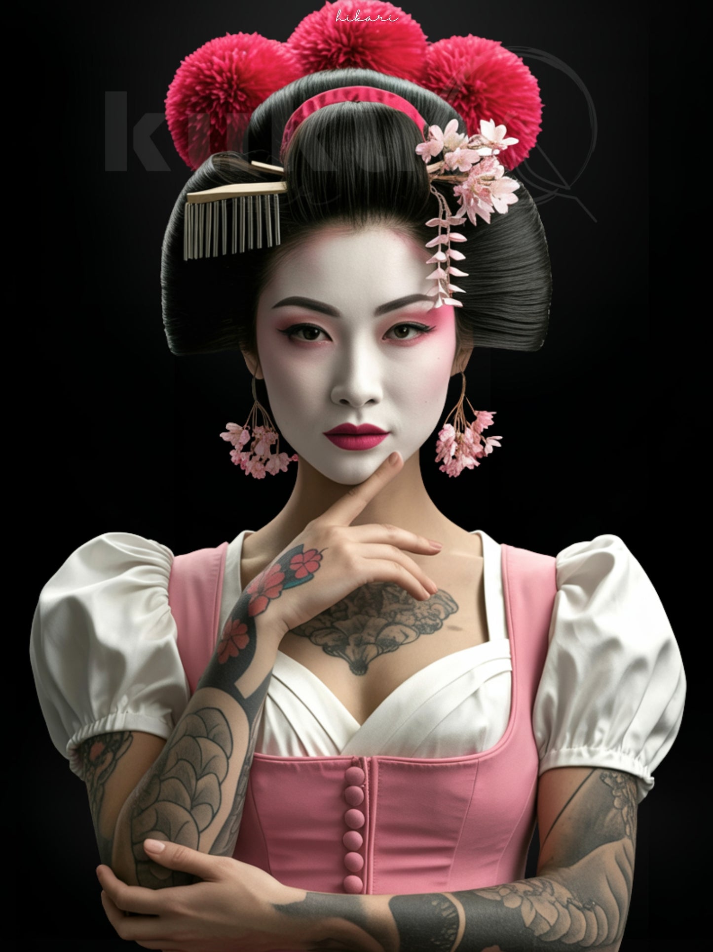 Porträt einer Frau namens Hikari, inspiriert von japanischer Kultur und Schwarzwälder Tradition. Sie trägt Kirschblüten im Haar, weiß-rosa Make-up und ein elegantes rosa Dirndl mit Bollenhut-Elementen. Kunstwerk über Harmonie, Ruhe und innere Stärke.