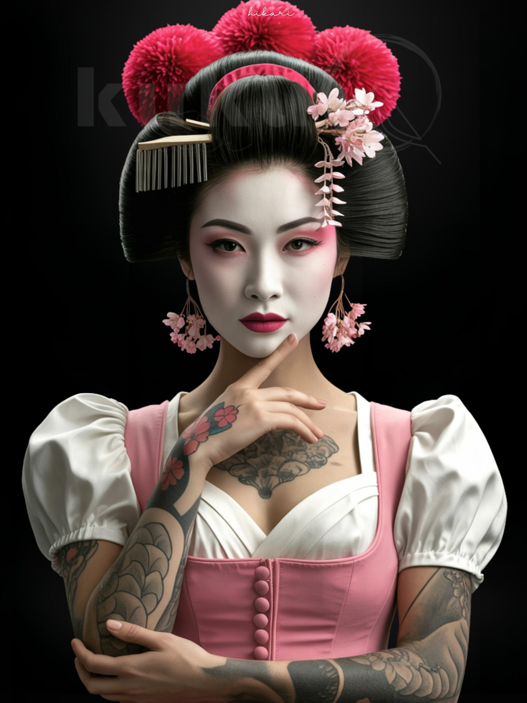 Porträt einer Frau namens Hikari, inspiriert von japanischer Kultur und Schwarzwälder Tradition. Sie trägt Kirschblüten im Haar, weiß-rosa Make-up und ein elegantes rosa Dirndl mit Bollenhut-Elementen. Kunstwerk über Harmonie, Ruhe und innere Stärke.