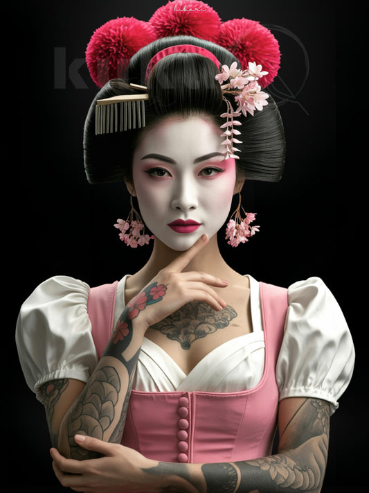 Porträt einer Frau namens Hikari, inspiriert von japanischer Kultur und Schwarzwälder Tradition. Sie trägt Kirschblüten im Haar, weiß-rosa Make-up und ein elegantes rosa Dirndl mit Bollenhut-Elementen. Kunstwerk über Harmonie, Ruhe und innere Stärke.