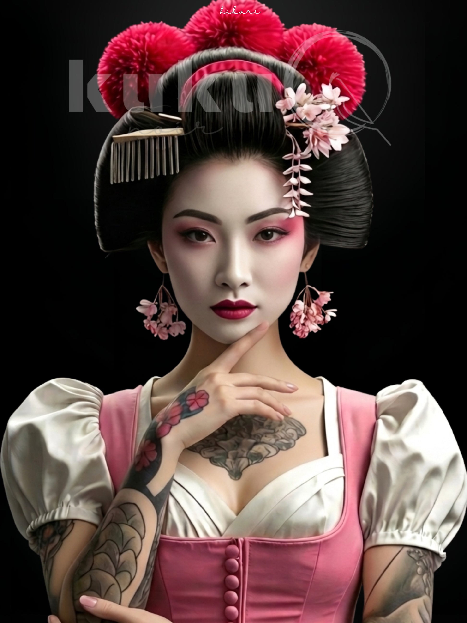 Porträt einer Frau namens Hikari, inspiriert von japanischer Kultur und Schwarzwälder Tradition. Sie trägt Kirschblüten im Haar, weiß-rosa Make-up und ein elegantes rosa Dirndl mit Bollenhut-Elementen. Kunstwerk über Harmonie, Ruhe und innere Stärke.