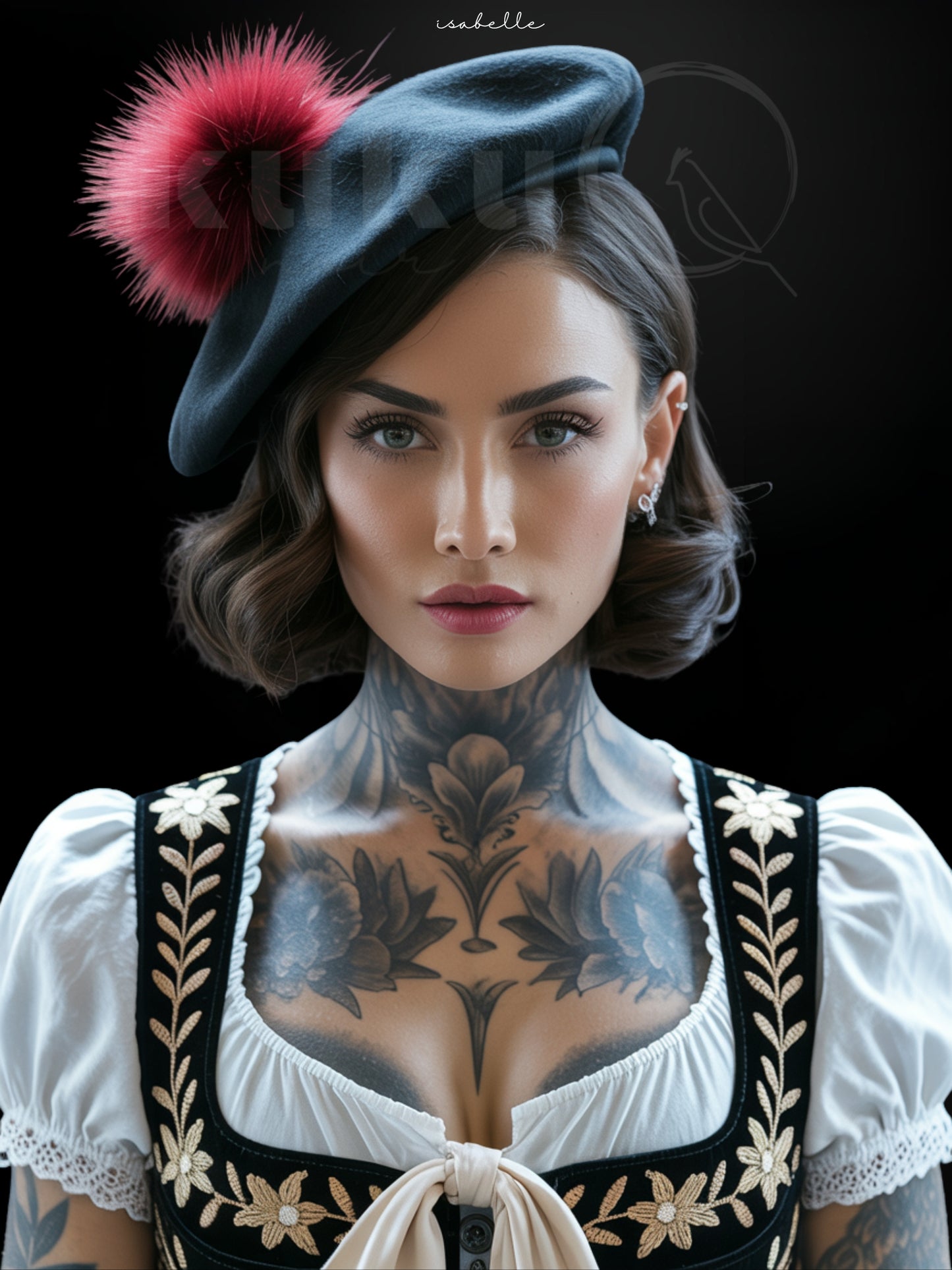 Porträt einer Frau namens Isabelle, inspiriert von französischer Kultur und Schwarzwälder Tradition. Sie trägt eine schwarze Baskenmütze mit rotem Pompon und ein besticktes Dirndl. Kunstwerk über Eleganz, Individualität und moderne Stärke.
