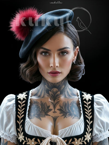 Porträt einer Frau namens Isabelle, inspiriert von französischer Kultur und Schwarzwälder Tradition. Sie trägt eine schwarze Baskenmütze mit rotem Pompon und ein besticktes Dirndl. Kunstwerk über Eleganz, Individualität und moderne Stärke.
