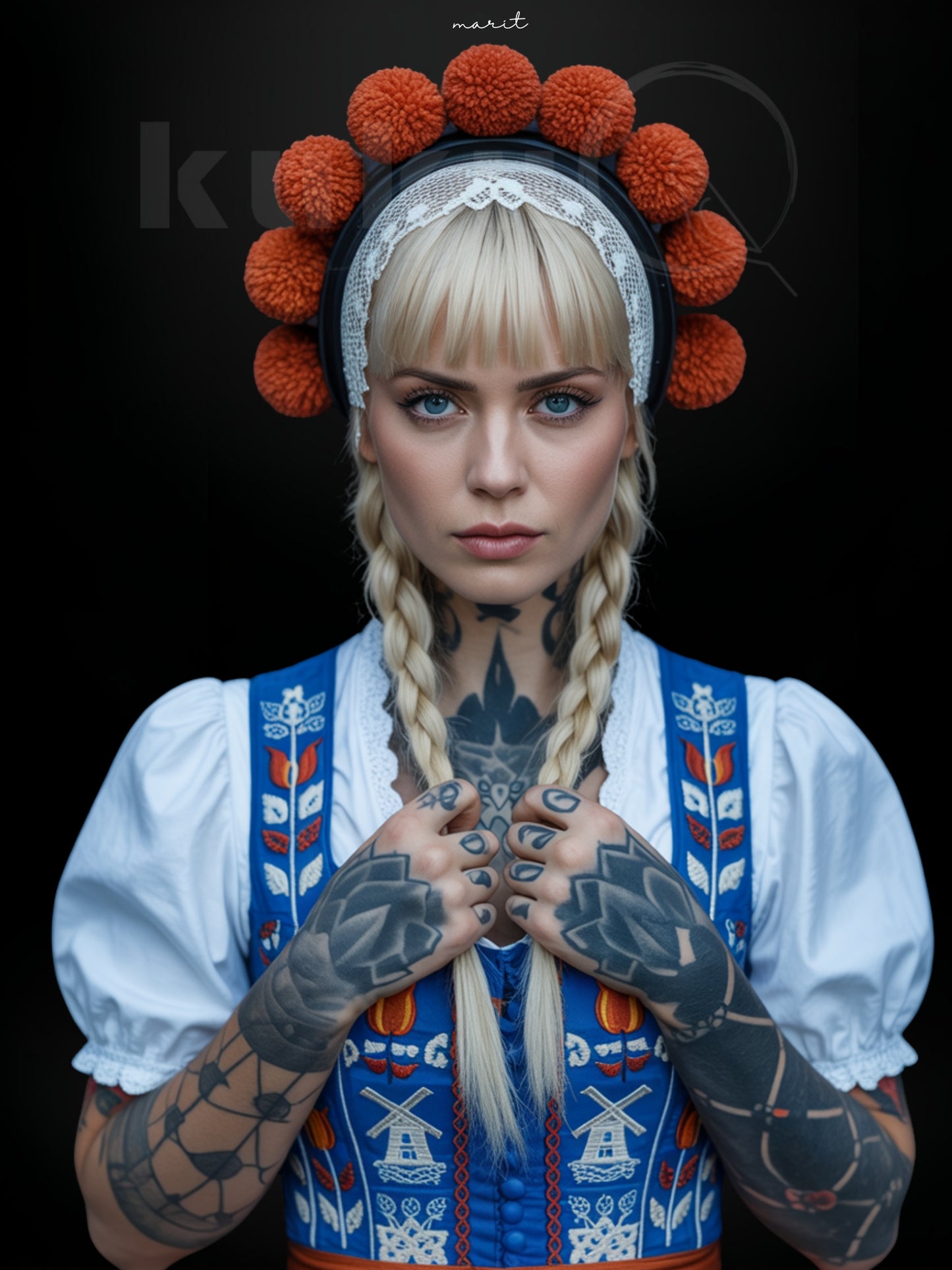 Porträt einer Frau namens Marit, inspiriert von niederländischer Kultur und Schwarzwälder Tradition. Sie trägt einen schwarzen Haarreif mit orangefarbenen Bollen und ein kunstvoll besticktes Mieder. Ausdrucksstarkes Kunstwerk, das Ruhe, Stärke und nordische Eleganz verbindet.