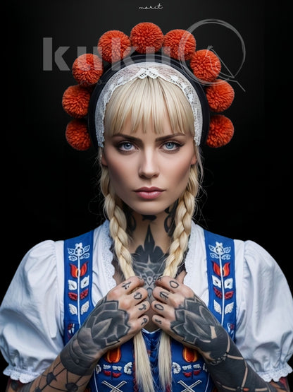 Porträt einer Frau namens Marit, inspiriert von niederländischer Kultur und Schwarzwälder Tradition. Sie trägt einen schwarzen Haarreif mit orangefarbenen Bollen und ein kunstvoll besticktes Mieder. Ausdrucksstarkes Kunstwerk, das Ruhe, Stärke und nordische Eleganz verbindet.