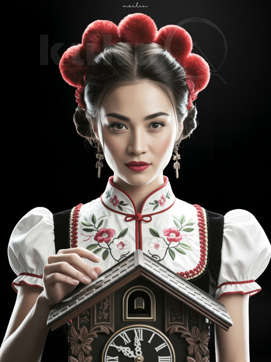 Porträt einer Frau namens Meilin, inspiriert von chinesischer Kultur und Schwarzwälder Tradition. Sie hält eine kunstvolle Kuckucksuhr und trägt traditionelle Kleidung mit roten Bollen – Symbol für Harmonie, Zeit und kulturelle Verbindung.