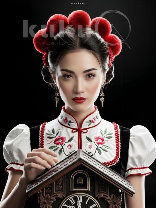 Porträt einer Frau namens Meilin, inspiriert von chinesischer Kultur und Schwarzwälder Tradition. Sie hält eine kunstvolle Kuckucksuhr und trägt traditionelle Kleidung mit roten Bollen – Symbol für Harmonie, Zeit und kulturelle Verbindung.