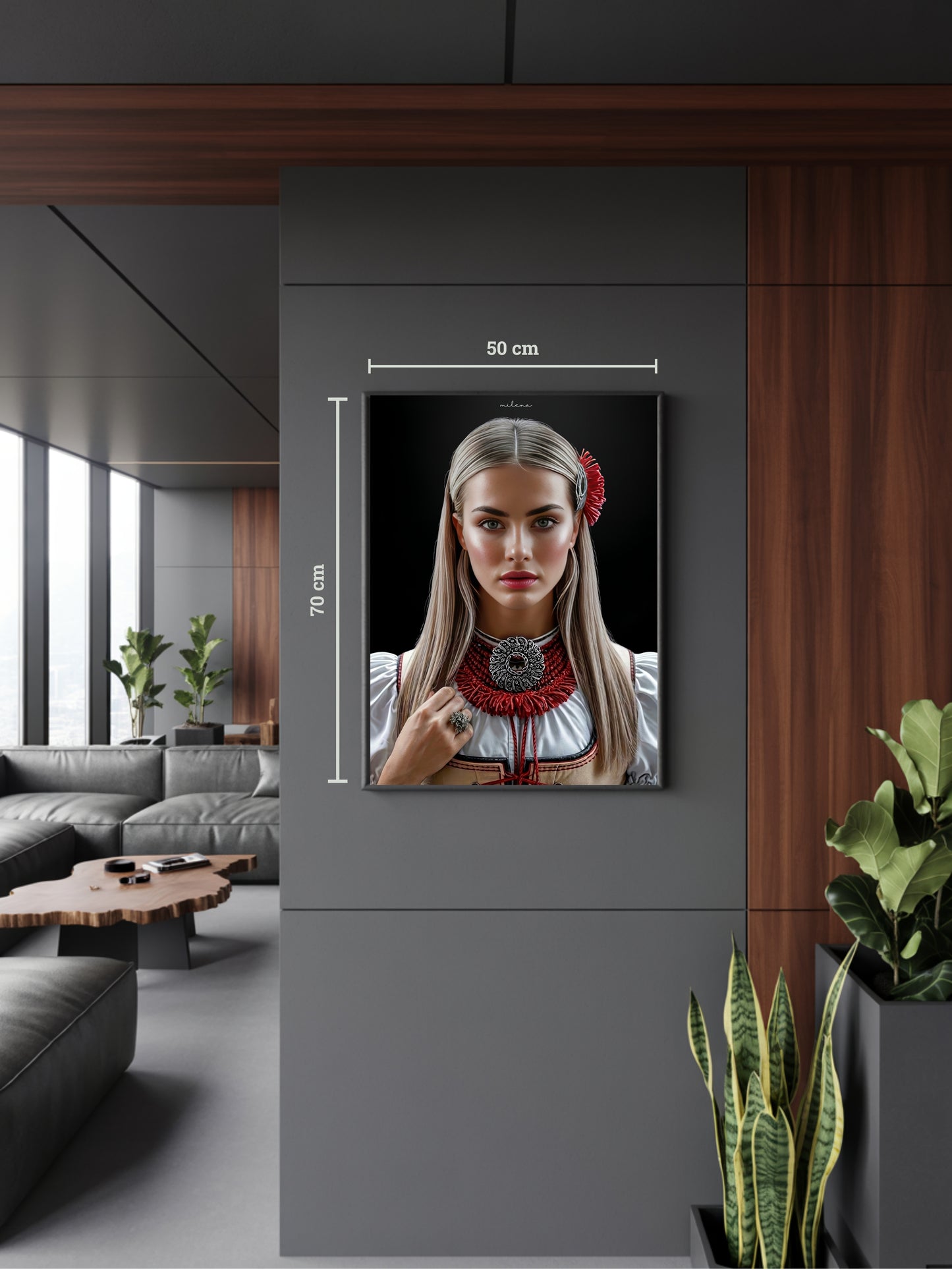 Modernes Interieur mit Kunstwerk „Milena“. Böhmisch inspirierte Schwarzwald Kunst mit tschechischen Details, moderne Black Forest Art für zeitloses Design.