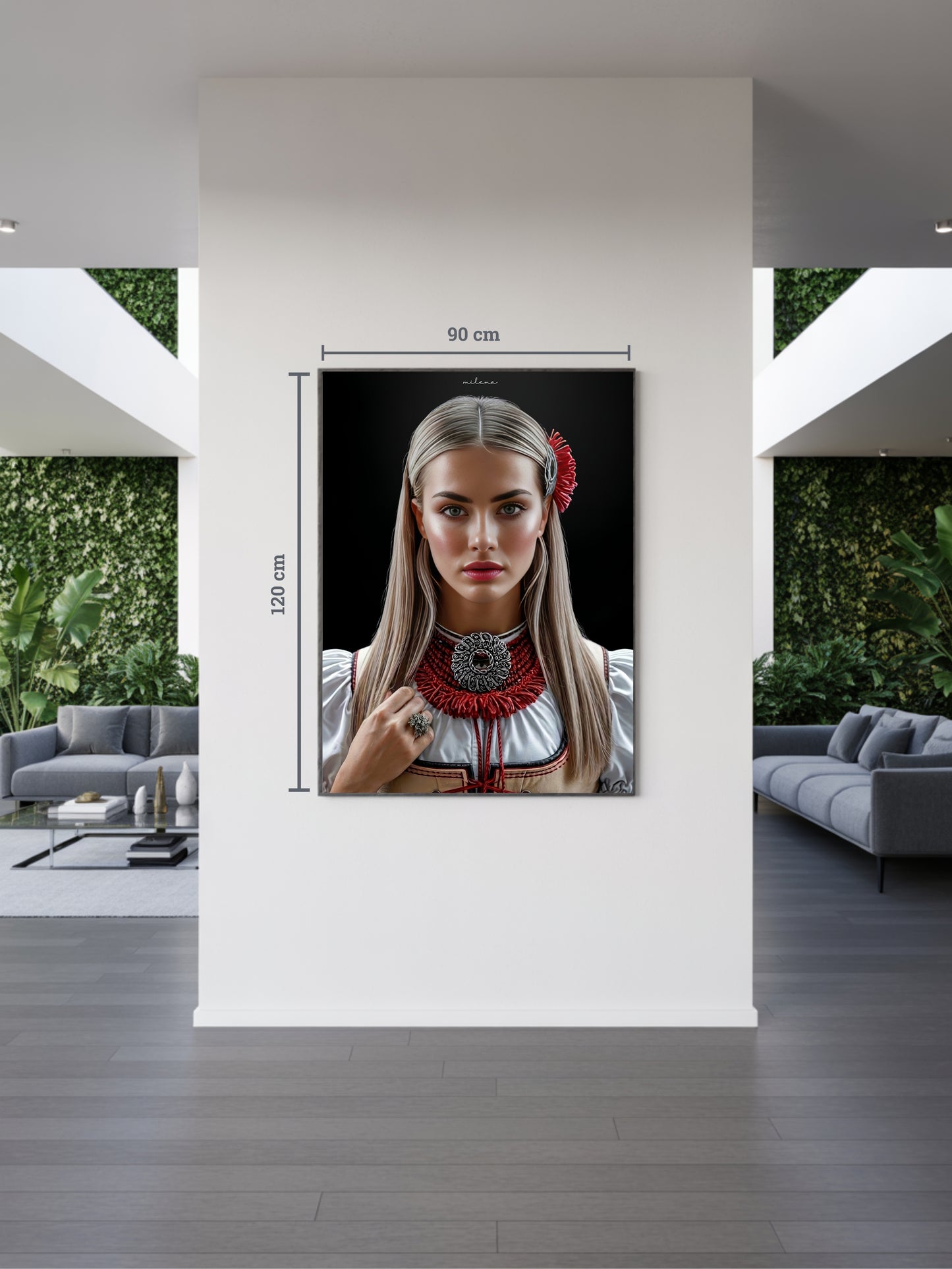 Helles Interieur mit Kunstwerk „Milena“. Osteuropäisch inspirierte Schwarzwald Kunst mit böhmischen Details,, moderne Black Forest Art für zeitloses Design.