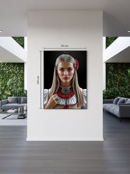 Helles Interieur mit Kunstwerk „Milena“. Osteuropäisch inspirierte Schwarzwald Kunst mit böhmischen Details,, moderne Black Forest Art für zeitloses Design.