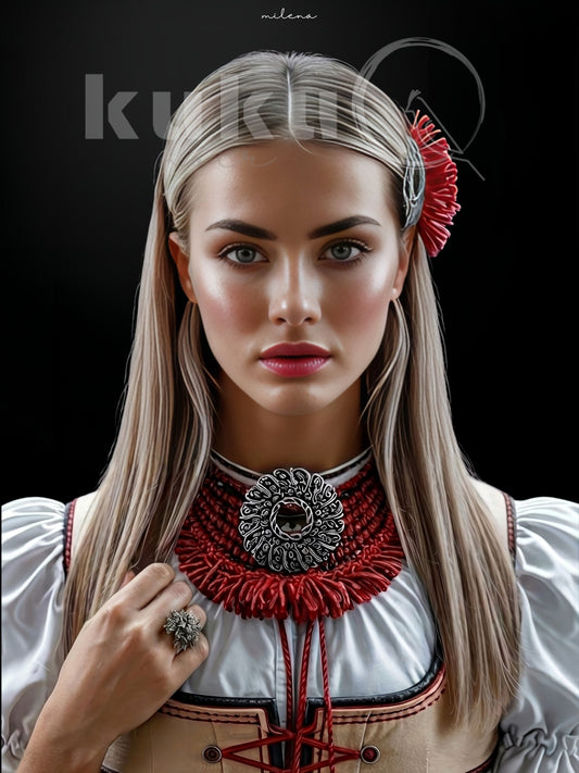 Porträt einer Frau namens Milena, inspiriert von osteuropäischer Kultur und Schwarzwälder Tradition. Sie trägt eine rote Halsstickerei, floralen Schmuck und ein modernes Dirndl. Kunstwerk über Klarheit, Eleganz und kulturelle Tiefe.
