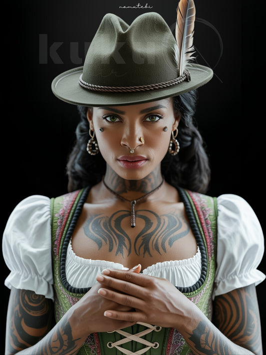 Porträt einer Frau namens Namutebi, inspiriert von ugandischer Kultur und Schwarzwälder Tradition. Sie trägt einen grünen Jagdhut mit Feder und ein traditionelles Dirndl. Kunstwerk über Stolz, Identität und kulturelle Stärke.