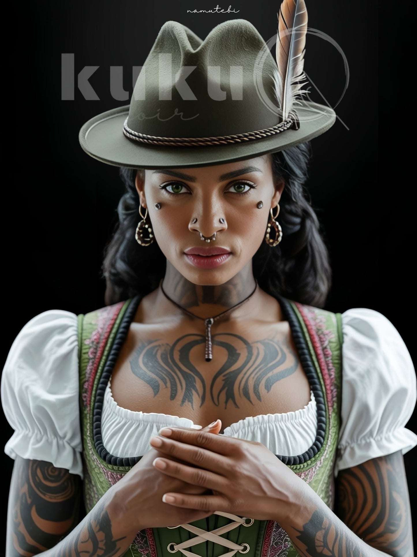 Porträt einer Frau namens Namutebi, inspiriert von ugandischer Kultur und Schwarzwälder Tradition. Sie trägt einen grünen Jagdhut mit Feder und ein traditionelles Dirndl. Kunstwerk über Stolz, Identität und kulturelle Stärke.