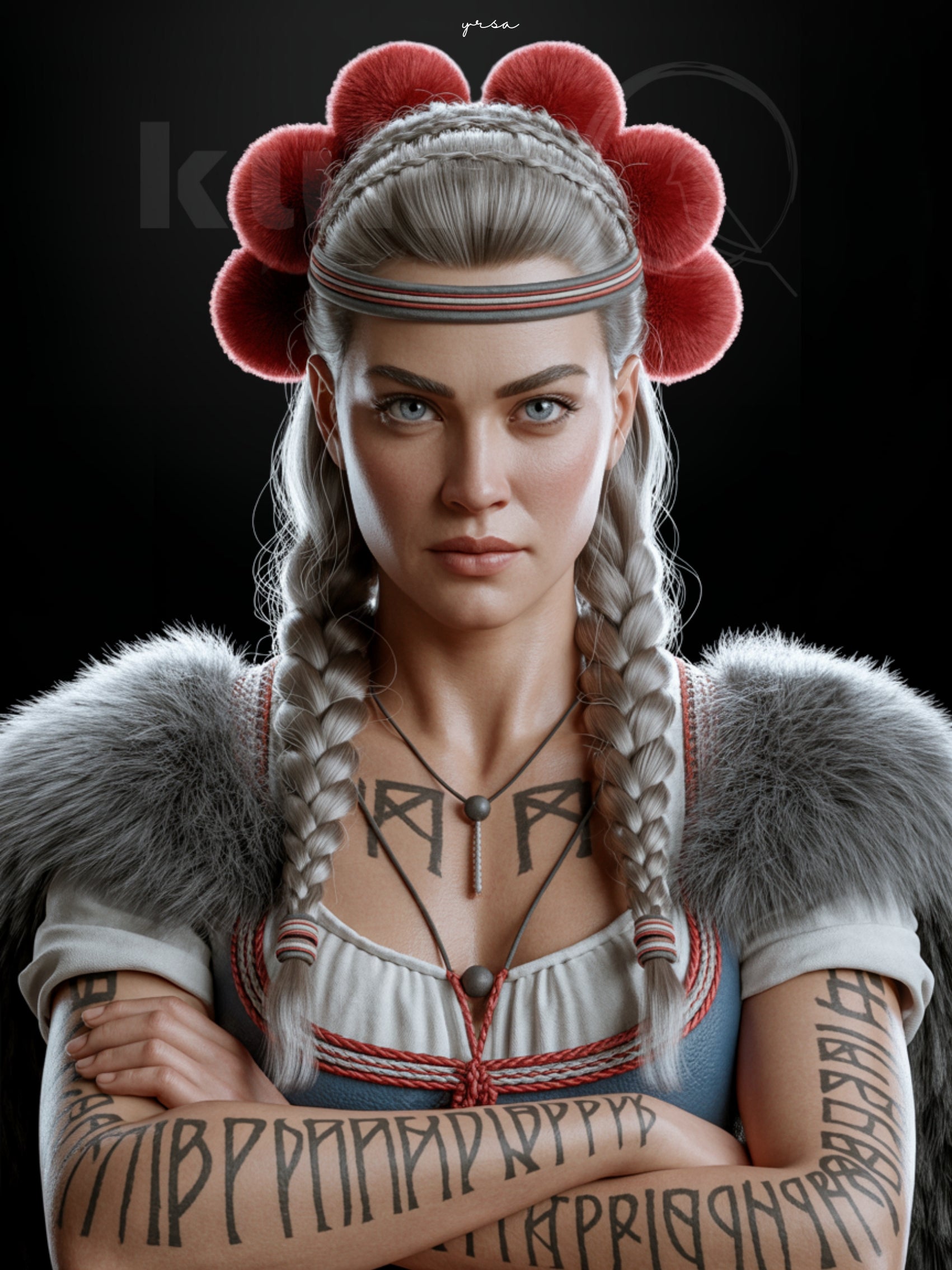 Porträt einer Frau namens Yrsa, inspiriert von norwegischer Schildmaid-Tradition und Schwarzwälder Tracht. Sie trägt roten Kopfschmuck mit Schwarzwald Bollen, Fellbesatz und Runen-Tattoos. Kunstwerk über Mut, Freiheit und nordische Stärke.