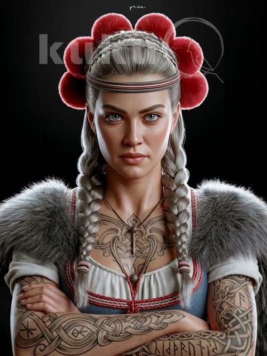 Porträt einer Frau namens Yrsa, inspiriert von norwegischer Schildmaid-Tradition und Schwarzwälder Tracht. Sie trägt roten Kopfschmuck mit Schwarzwald Bollen, Fellbesatz und Runen-Tattoos. Kunstwerk über Mut, Freiheit und nordische Stärke.