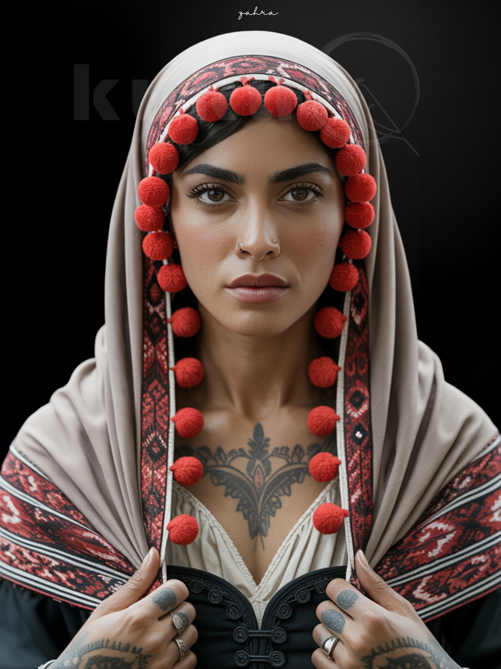 Porträt einer Frau namens Zahra, inspiriert von marokkanischer Kultur und Schwarzwälder Tradition. Sie trägt ein besticktes Kopftuch mit roten Pompons und eine elegante Tracht. Kunstwerk über Anmut, Würde und kulturelle Tiefe.