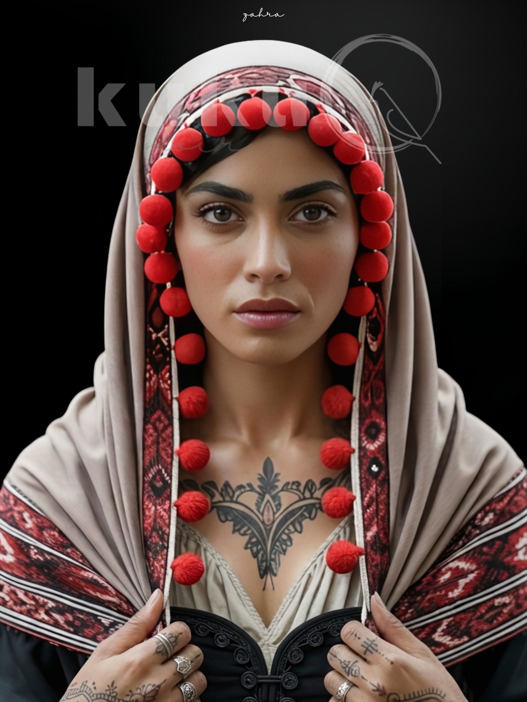 Porträt einer Frau namens Zahra, inspiriert von marokkanischer Kultur und Schwarzwälder Tradition. Sie trägt ein besticktes Kopftuch mit roten Pompons und eine elegante Tracht. Kunstwerk über Anmut, Würde und kulturelle Tiefe.