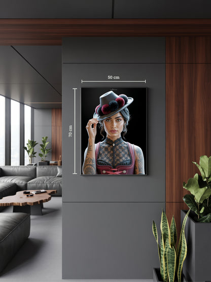Modernes Interieur mit Kunstwerk „Antonia“. Italienisch inspirierte Schwarzwald Kunst mit Bollenhut, moderne Black Forest Art für zeitloses Design.