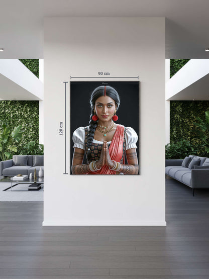 Modernes Interieur mit Kunstwerk „Dhara“. Indisch inspirierte Schwarzwald Kunst mit Bollenhut, Black Forest Art im kulturellen Crossover-Stil.