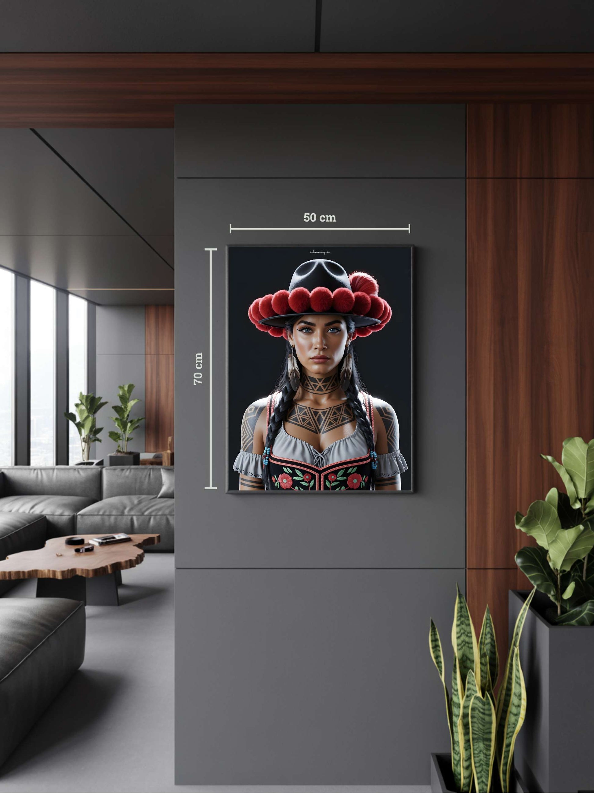 Modernes Interieur mit Kunstwerk „Elaneya“. Schwarzwald Kunst im internationalen Stil – Bollenhut-Motiv als Symbol globaler Verbundenheit in moderner Black Forest Art.