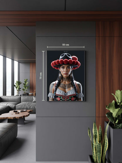 Modernes Interieur mit Kunstwerk „Elaneya“. Schwarzwald Kunst im internationalen Stil – Bollenhut-Motiv als Symbol globaler Verbundenheit in moderner Black Forest Art.