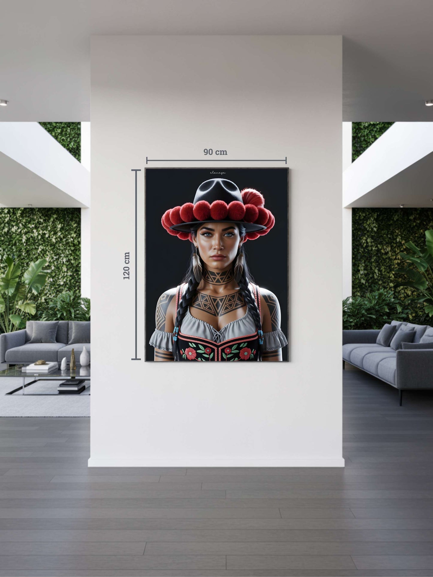 Modernes Interieur mit Kunstwerk „Elaneya“. Schwarzwald Kunst im internationalen Stil – Bollenhut-Motiv als Symbol globaler Verbundenheit in moderner Black Forest Art.