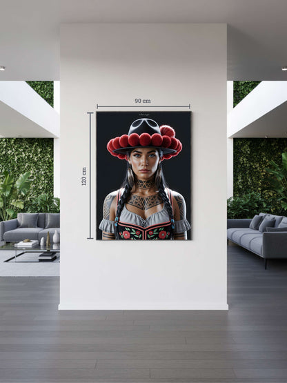 Modernes Interieur mit Kunstwerk „Elaneya“. Schwarzwald Kunst im internationalen Stil – Bollenhut-Motiv als Symbol globaler Verbundenheit in moderner Black Forest Art.