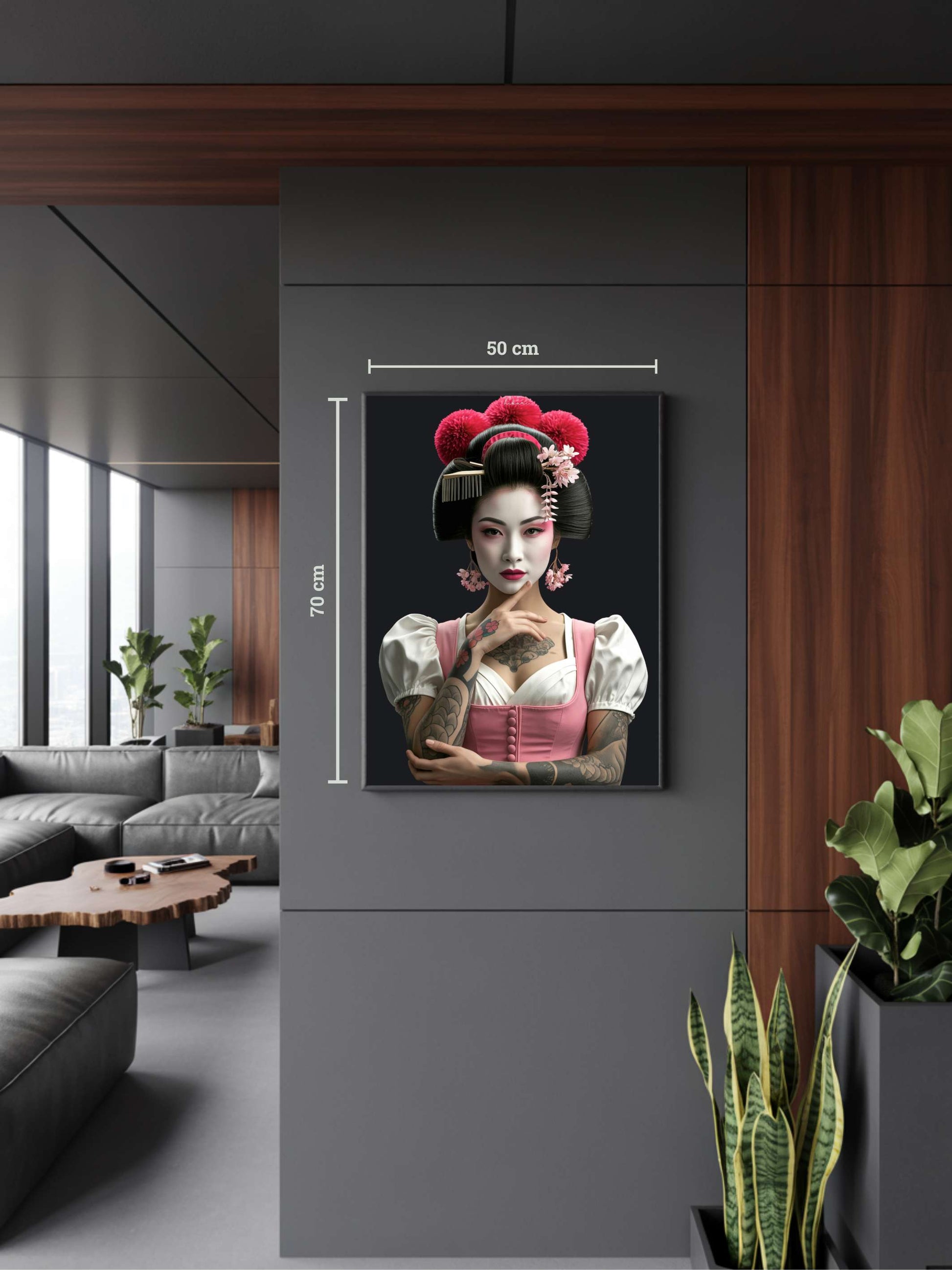 Minimalistisches Interieur mit Kunstwerk „Hikari“. Schwarzwald Kunst inspiriert von japanischer Kultur, Bollenhut-Motiv in klarer moderner Komposition.