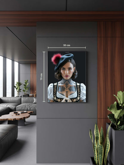 Modernes Interieur mit Kunstwerk „Isabelle“. Französische Schwarzwald Kunst mit Bollenhut, elegante Black Forest Art im modernem, minimalistischen Raum.