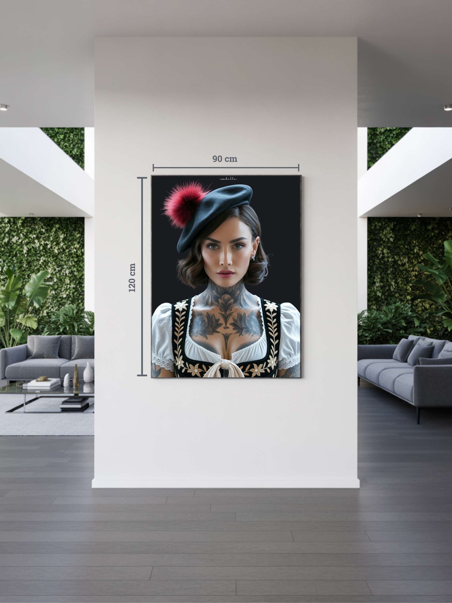 Modernes Interieur mit Kunstwerk „Isabelle“. Französische Schwarzwald Kunst mit Bollenhut, elegante Black Forest Art im hellen, minimalistischen Raum.