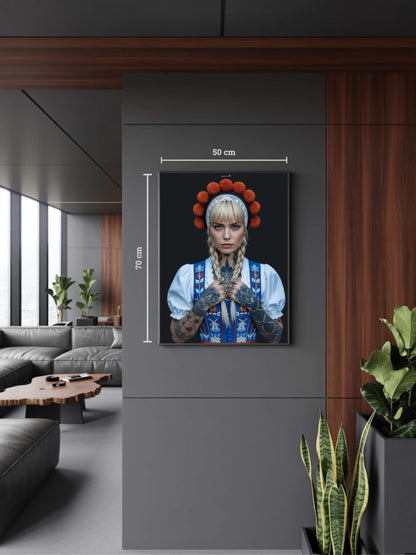 Modernes Interieur mit Kunstwerk „Marit“. Niederländisch inspirierte Schwarzwald Kunst mit Bollenhut-Motiv, Black Forest Art im minimalistischen Stil.