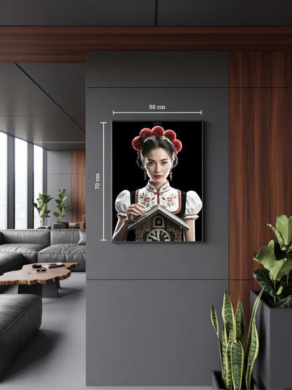 Modernes Interieur mit Kunstwerk „Meilin“. Chinesisch inspirierte Schwarzwald Kunst mit Bollenhut, Black Forest Art mit kalligrafischen Details und ruhiger Ästhetik.