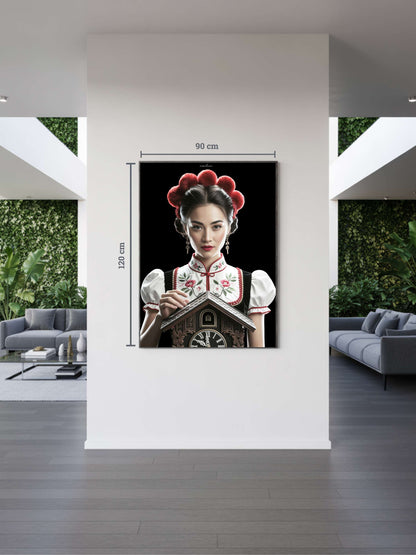 Modernes Interieur mit Kunstwerk „Meilin“. Chinesisch inspirierte Schwarzwald Kunst mit Bollenhut, Black Forest Art mit kalligrafischen Details und ruhiger Ästhetik.