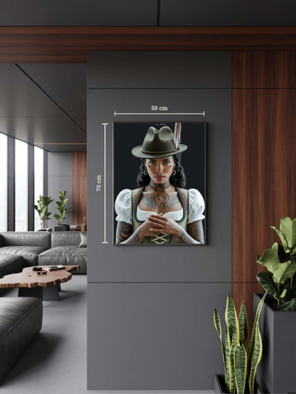 Modernes Interieur mit Kunstwerk „Namutebi“. Afrikanisch inspirierte Schwarzwald Kunst mit Jagthut, Black Forest Woman in moderner Darstellung.