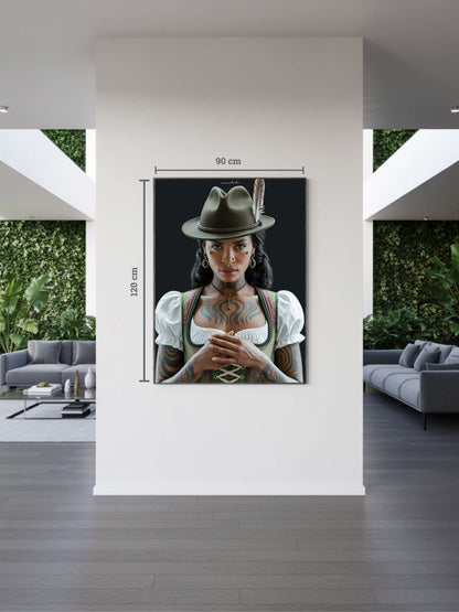 Modernes Interieur mit Kunstwerk „Namutebi“. Afrikanisch inspirierte Schwarzwald Kunst mit Jagthut, Black Forest Woman in moderner Darstellung.